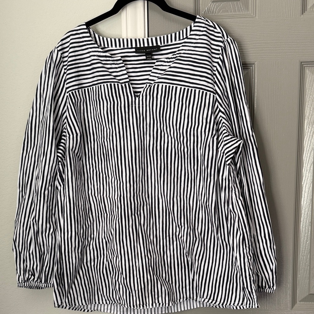 Lane Bryant Black and White Striped Long Sleeve Cotton Shirt
